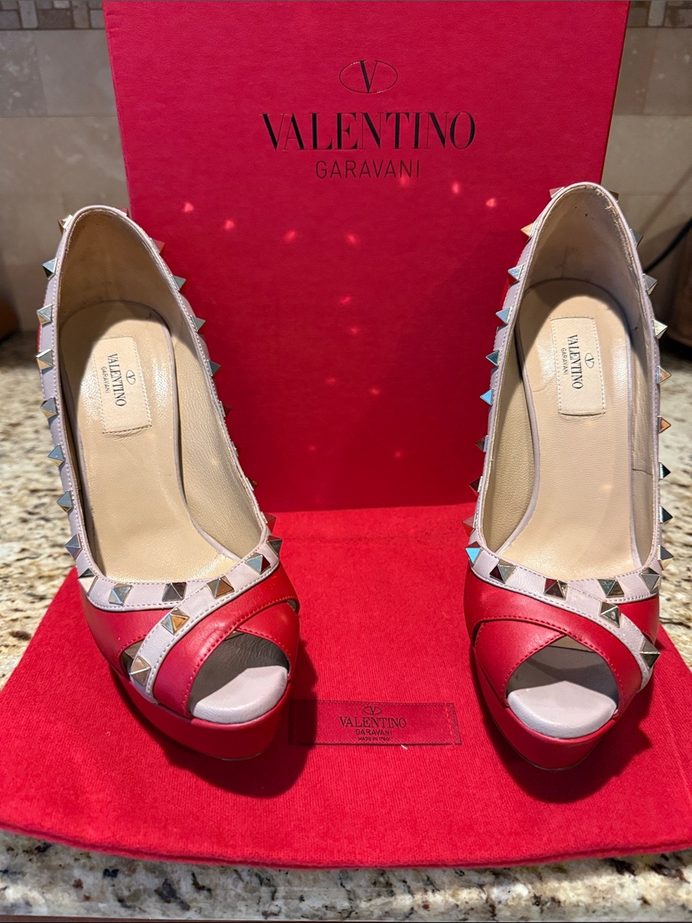 Valentino Garavani Red and Nude Studded Peep-Toe Pumps